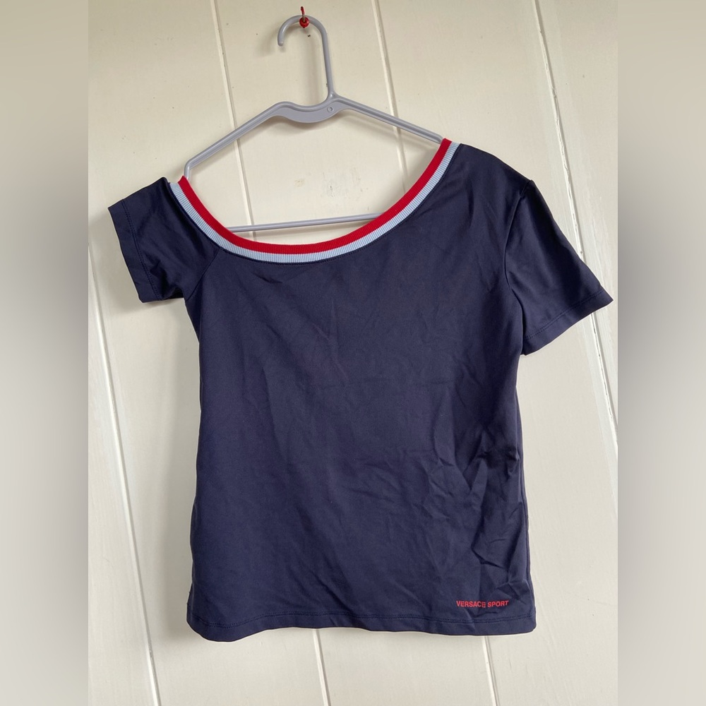 🌺 VERSACE SPORT Navy Asymmetrical Neckline Sports Tee